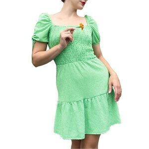 TopShop Smocked Top Puff Sleeve Green Gingham Tiered Sun Dress Size 6